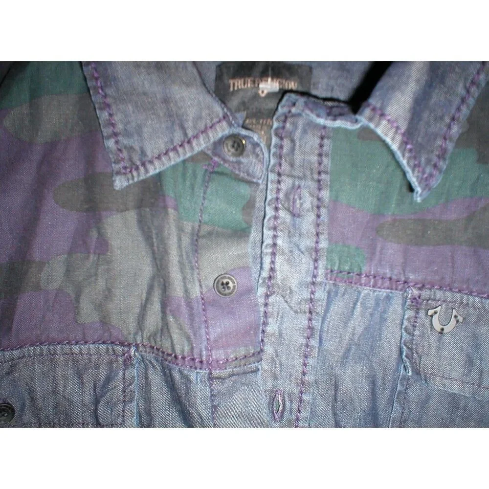 New Mens NWT True Religion Jeans Designer Denim Camo Shirt Button Down L Blue